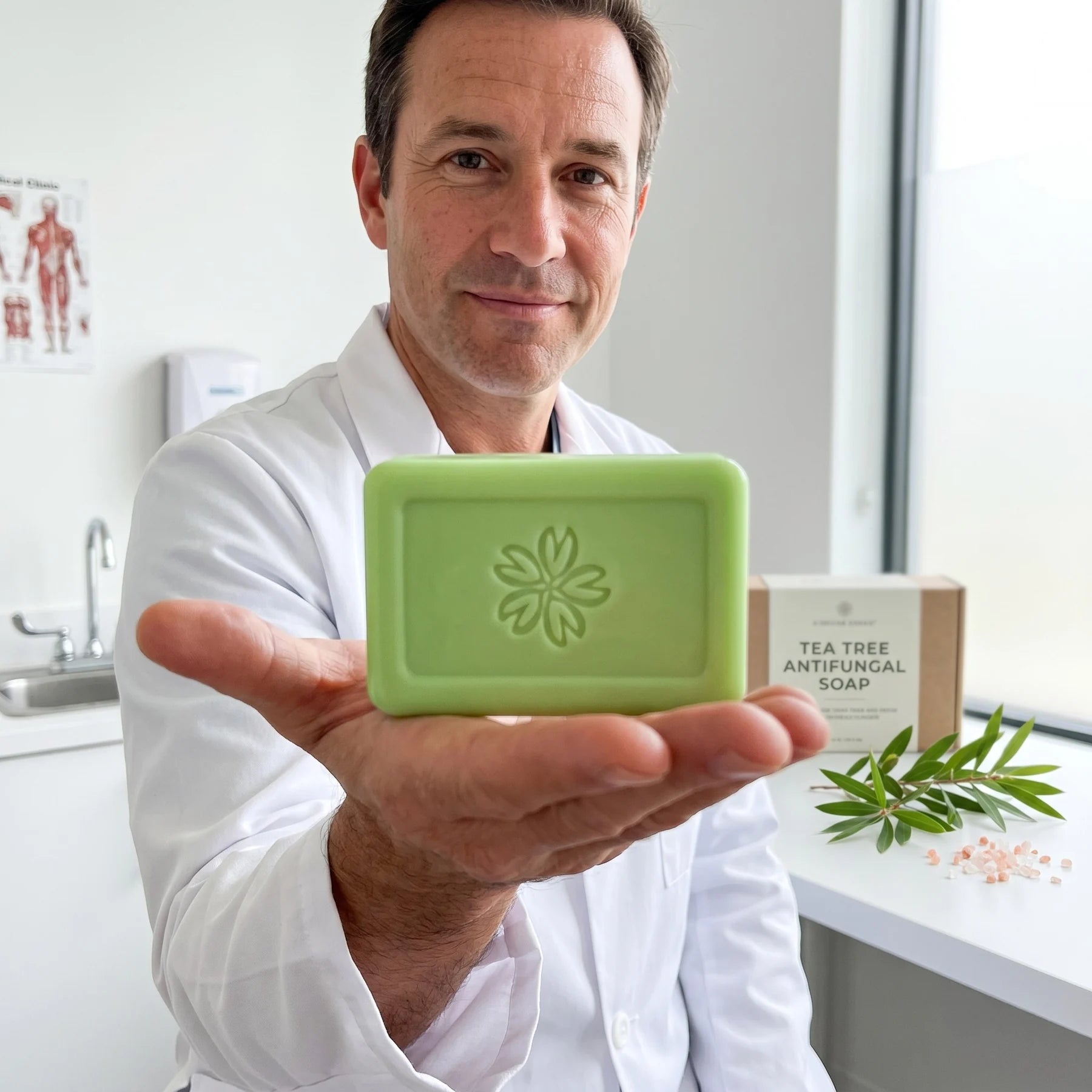Clinician holding ATEM soap in a bright clinic room