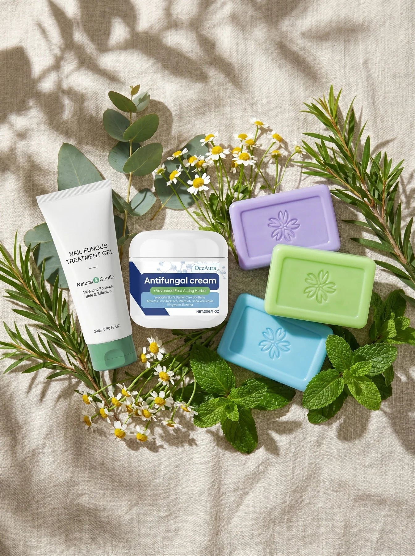 ATEM soap, cream, and antifungus gel routine on a botanical cloth background